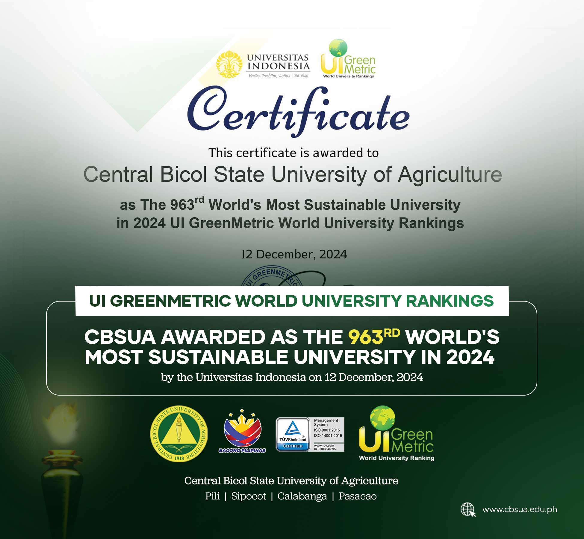 CBSUA RANKS 963RD WORLD’S MOST SUSTAINABLE UNIVERSITY
