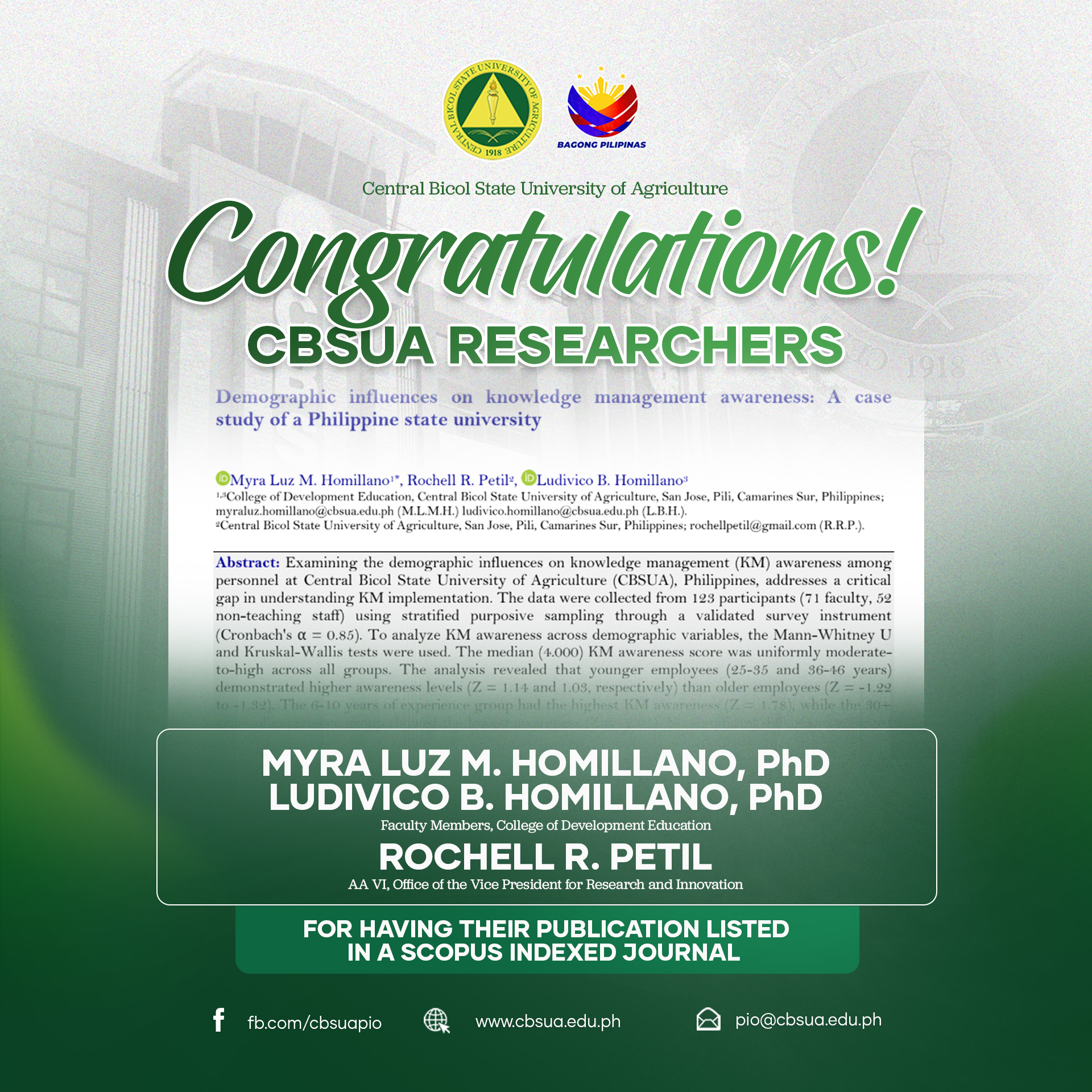 CBSUA ACHIEVES SCOPUS PUBLICATION MILESTONE