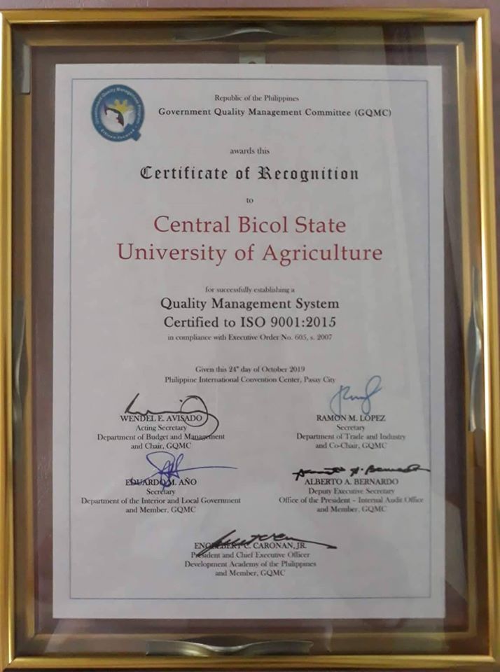 Certified compliant: CBSUA receives an award on Quality Management System Certified to ISO 9001:2015