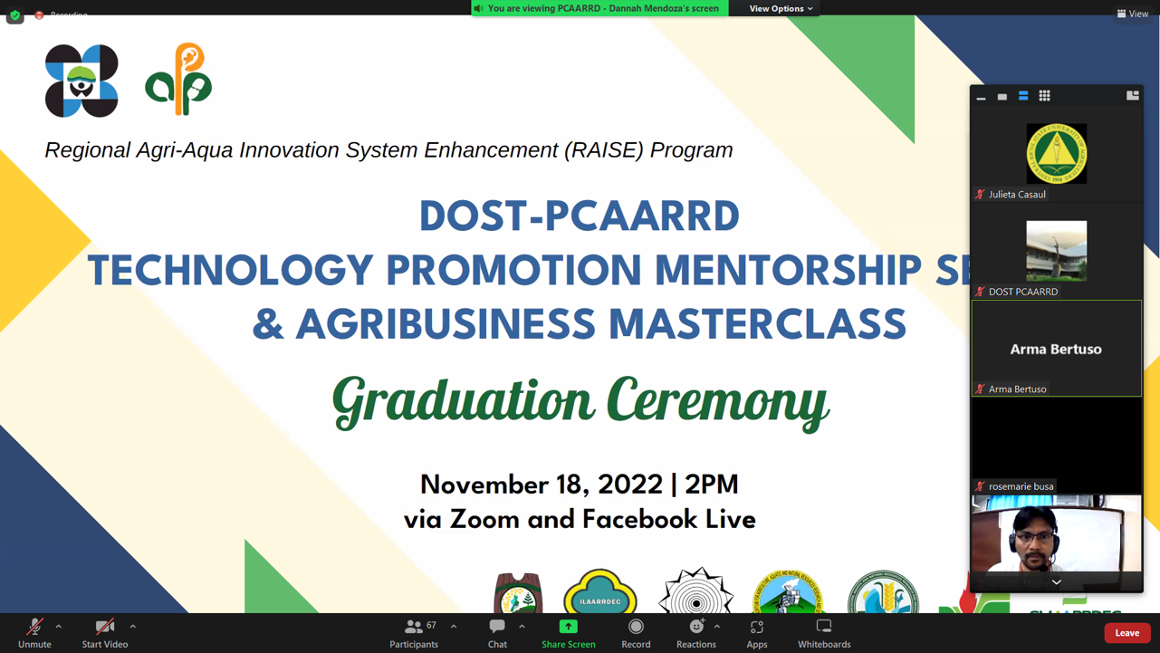 3 CBSUA FACULTY MEMBERS GRADUATE FROM DOST-PCAARRD TECHNOLOGY PROMOTION MENTORSHIP SERIES, AGRIBUSINESS MASTERCLASS