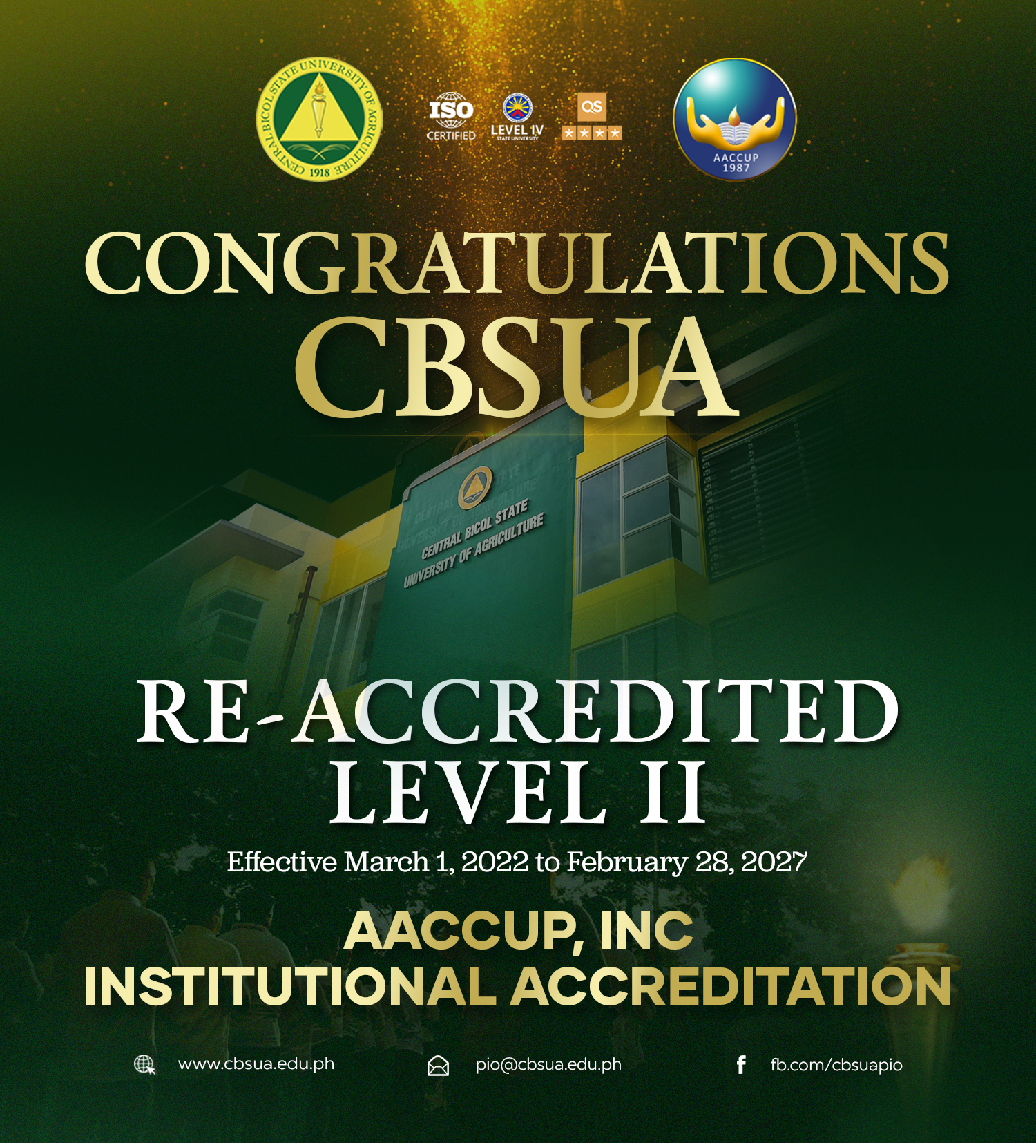 CBSUA RECEIVES RE-ACCREDITED LEVEL II AWARD FROM AACCUP